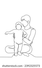 silhouette of father and child, dad sitting on the floor holding a learning to walk baby in a diaper - one line art vector. concept dad and baby, child learning to walk, nanny