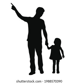 Silhouette of a father and child holding hands. Male silhouette with little girl vector illustration.