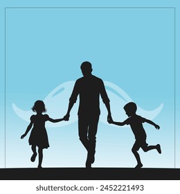 Silhouette of a father and child holding hands, symbolizing the bond between them. Ideal for Happy Father's Day content, capturing love, care, and togetherness.