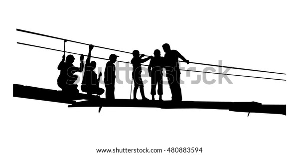 Silhouette
of father with children in broken rope
bridge.