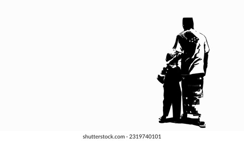 silhouette of a father and children lovely family concept Father's Day card happiness moment.