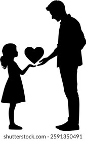 Silhouette of a father and daughter exchanging a heart-shaped gift