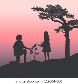 Silhouette of father and daughter gardening vector
