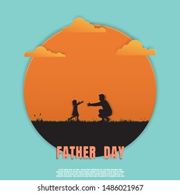 Silhouette father and daughter playing in meadow on sunset background. Father day concept. Vector illustration