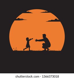 Silhouette of father and daughter playing on the grass with the sun as the background, Farther Day concept, Vector illustration flat