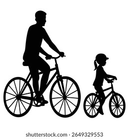Silhouette of a father and daughter riding bicycle together, simple scene, white background