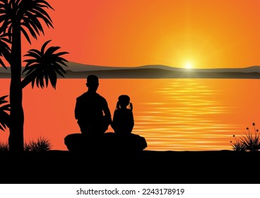 Silhouette of father and daughter sitting looking sunrise with lake background vector illustration