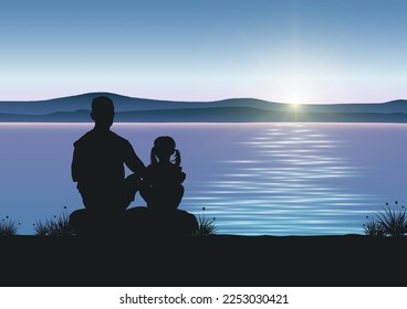 Silhouette of father and daughter sitting looking sunrise with lake background vector illustration