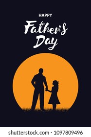 Silhouette of father and daughter father and daughter are standing in the background of the sun with text happy father's day, vector