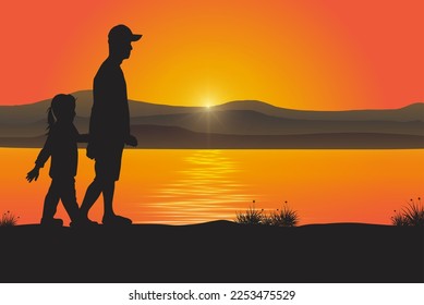 Silhouette of father and daughter walking beside the lake on sunrise background vector illustration