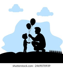 Silhouette of father giving balloons to son, children's day, father's day
