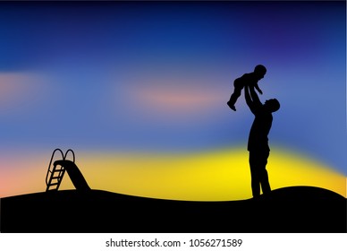 Silhouette of Father Have fun with his Children at grassland public park when sunset or sunrise
