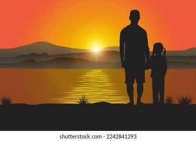 Silhouette of father holding hand of daughter standing looking sunrise with lake background vector illustration