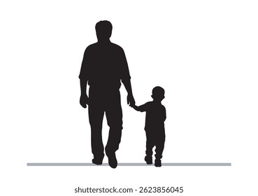 Silhouette of a father holding hands with his child, symbolizing love and family bonding. Perfect for fathers day, parenting, and relationship themes. Black and white vector illustration. Father, son