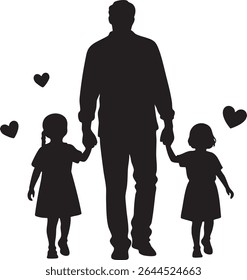 Uma silhueta de um pai de mãos dadas com suas duas filhas, cercada por corações, representando o amor familiar e a conexão.