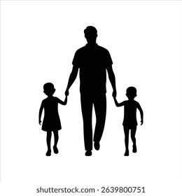 Silhouette of a Father Holding Hands with Two Children at Sunset – Family Bonding and Parenthood Concept