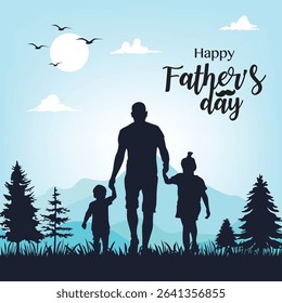Silhouette of a father holding hands with two children, walking in nature with mountain and trees background.
