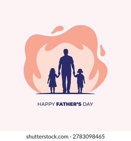 Silhouette of father holding hands with two daughters walking together. Fathers day celebration concept with family love and togetherness. Dad with children walking. Warm abstract background.