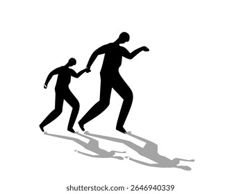 Silhouette of a father holding his son’s hand, walking together with long shadows. Family support and bonding concept.