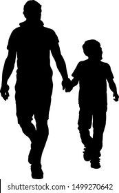 Silhouette of a father holding his son's hand. Vector illustration.