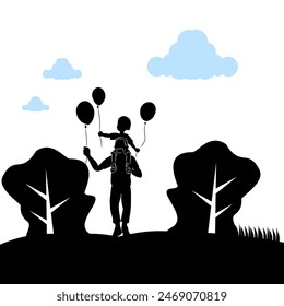 Silhouette of father holding son carrying balloons, children's day, father's day
