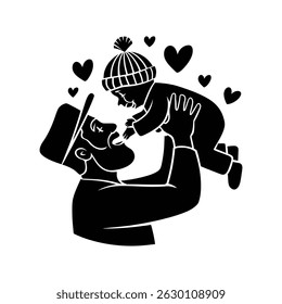 Silhouette of a father lifting a baby with hearts surrounding them.