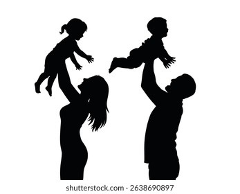 Silhouette of father and mother lifting baby, happy family moment