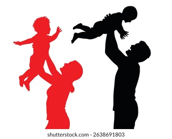 silhouette of father and mother playing lifting their son in the air, concept of family joy