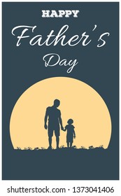 Silhouette of father and son, boy and dad stand and hold hands on sunny background with lettering Happy Father's Day.