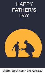 Silhouette of father and son with happy father's day text, vector illustration.