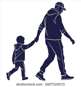 Silhouette Of Father And Son Holding Hand Isolate With White Background