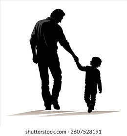 Silhouette Of Father And Son Holding Hand And Walking Isolate With White Background