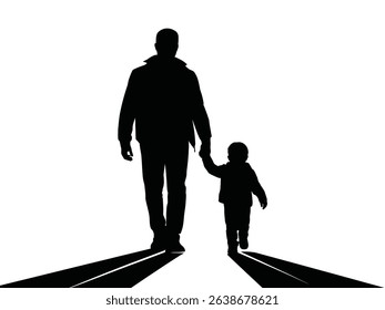 silhouette of father and son holding hands, silhouettes of people walking