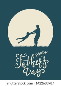 Silhouette of father and son with lettering Happy Fathers Day on blue night background. The concept of happy family can be used for cards, posters, banners, illustration.