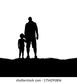 
silhouette of father and son on the meadow.