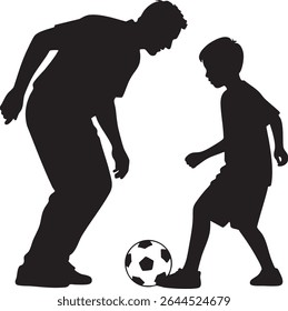 A silhouette of a father and son playing soccer together, showcasing a moment of bonding and active recreation.