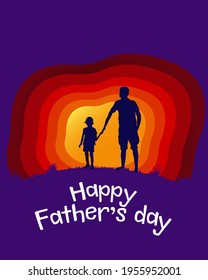 The silhouette of a father and son. A postcard with the text Happy Father's Day. Father and child on a sunset background, paper cut style