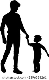 silhouette of father and son, together, playing, hand holding, vector illustration