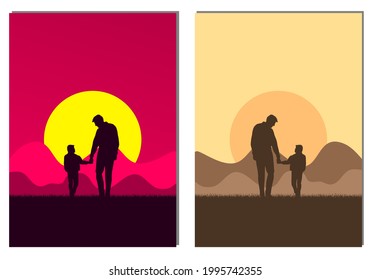 
Silhouette of father and son walking together