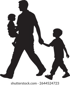 A silhouette of a father walking with his two children, one being held and the other holding his hand.