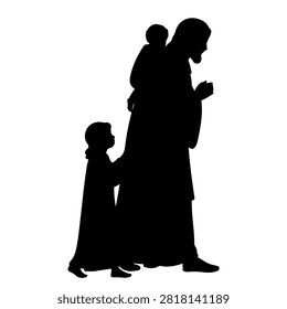 Silhouette of a father walking with his two children, capturing a moment of family bonding and outdoor activity in a minimalistic style.