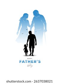Silhouette of a father and young daughter walking, with a shadow showing her grown-up self caring for him. A touching reflection on time and love.