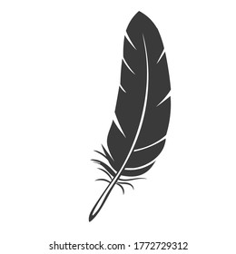 Silhouette feather. Black bird feather, vector illustration.