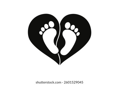 Silhouette featuring intertwined baby footprints forming a heart shape on a clean white background. Conveys affection and new beginnings. Highlights minimalism, love, and newborn.