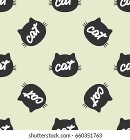 Silhouette of feline head with handwritten text Cat. Color seamless pattern. Vector illustration. Black, white, light green.