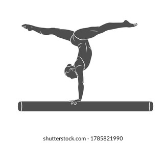 Silhouette female athlete doing a complicated exciting trick on gymnastics balance beam on a white background. Vector illustration