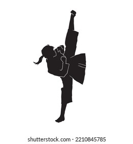 silhouette of a female athlete kata karate vector illustration. teen Dressed In Traditional Kimono Practicing Her Karate Moves