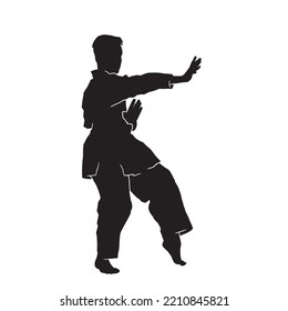 silhouette of a female athlete kata karate vector illustration. teen Dressed In Traditional Kimono Practicing Her Karate Moves