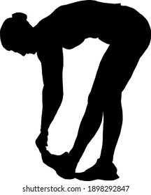 Silhouette of a female athlete stretching her calf by touching her feet. Vector illustration.