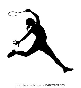 Silhouette of female badminton athlete in action pose. Silhouette of a slim woman playing badminton sport.